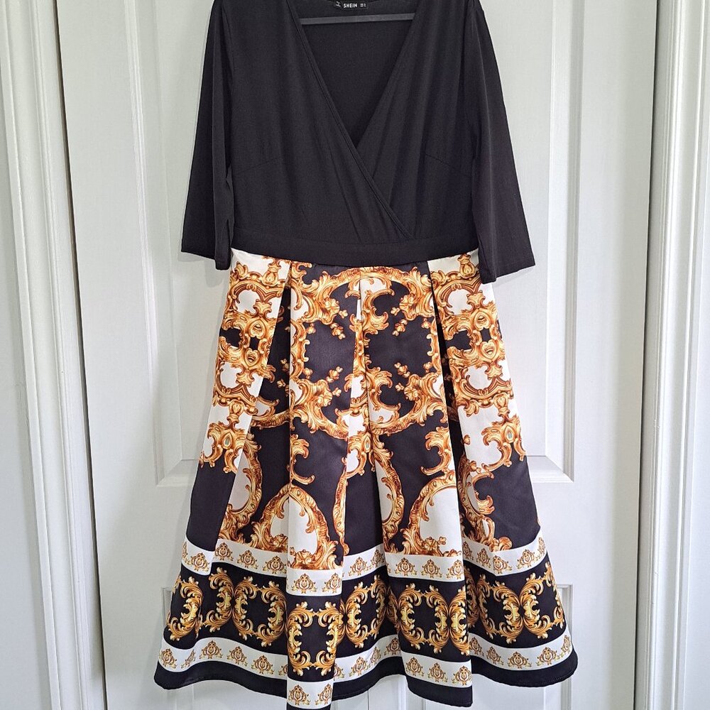 Women's V Neck Gold, Black + White Print Dress
